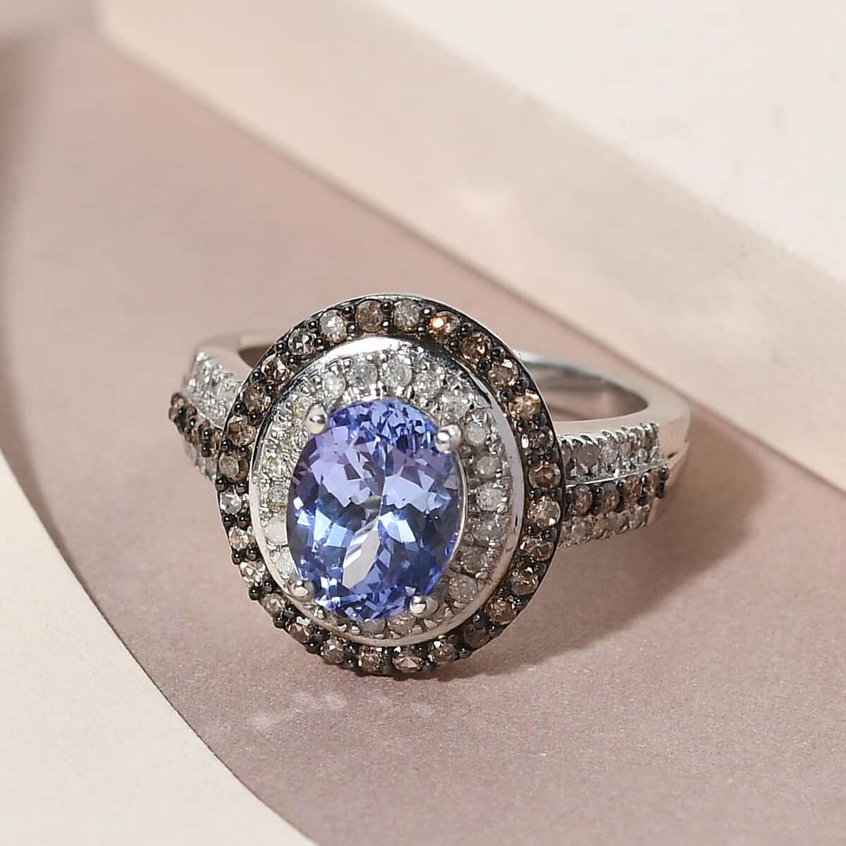 Tanzanite and Natural Champagne and White Diamond Double Halo Ring in Rhodium and Platinum Over Sterling Silver (Size 8.0) 2.25 ctw image number 4