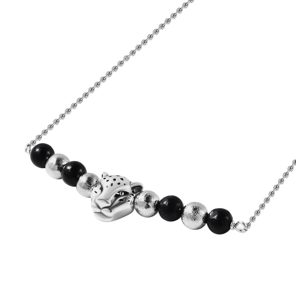 Marvelous Meteorite  Shungite Beaded Leopard Charm Necklace (18 Inches) in Sterling Silver 7.50 ctw image number 2
