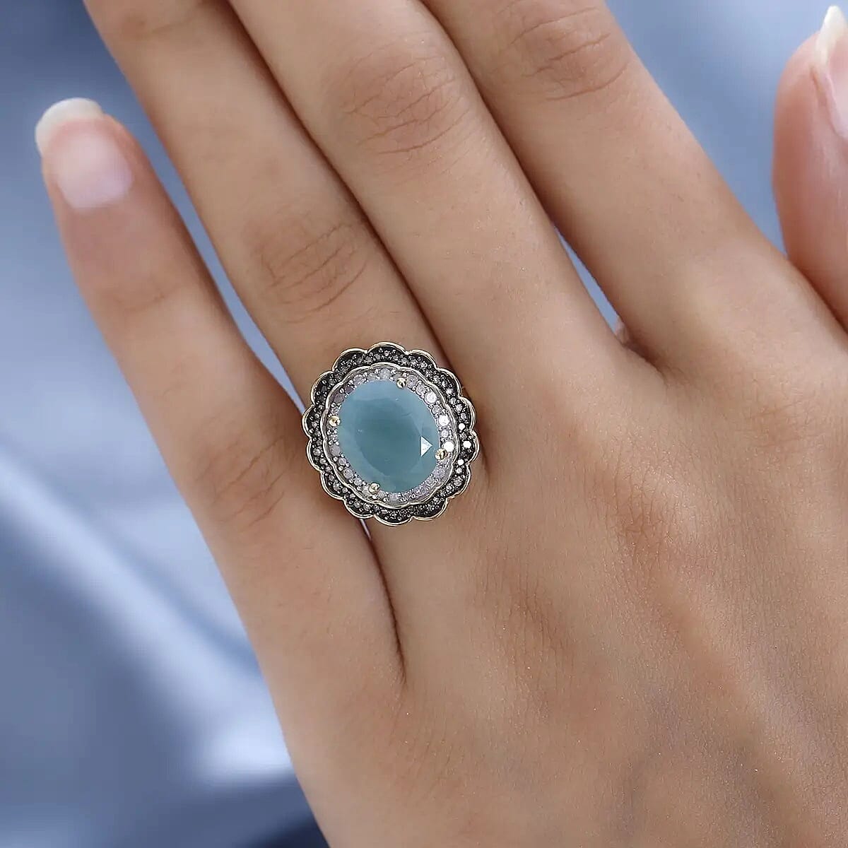 Grandidierite, Natural Champagne and White Diamond Double Halo Ring in Rhodium and Vermeil Yellow Gold Over Sterling Silver (Size 8.0) 5.65 ctw image number 2