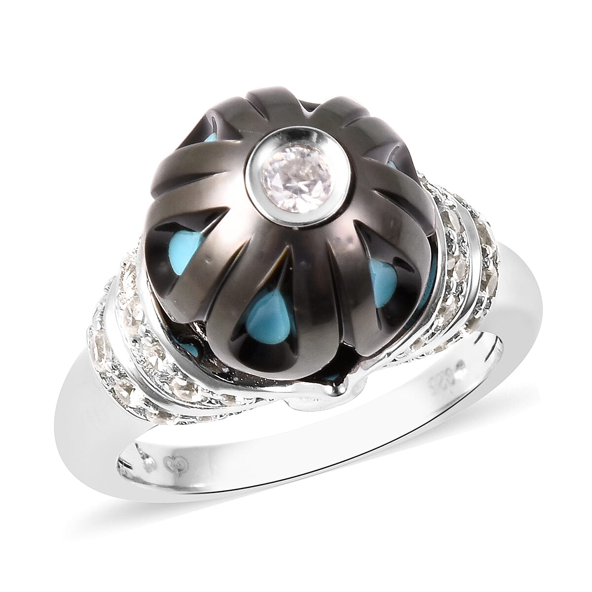 Galatea Pearl Collection Tahitian Pearl Carved and White Zircon Enameled Ring in Rhodium Over Sterling Silver (Size 6.0)