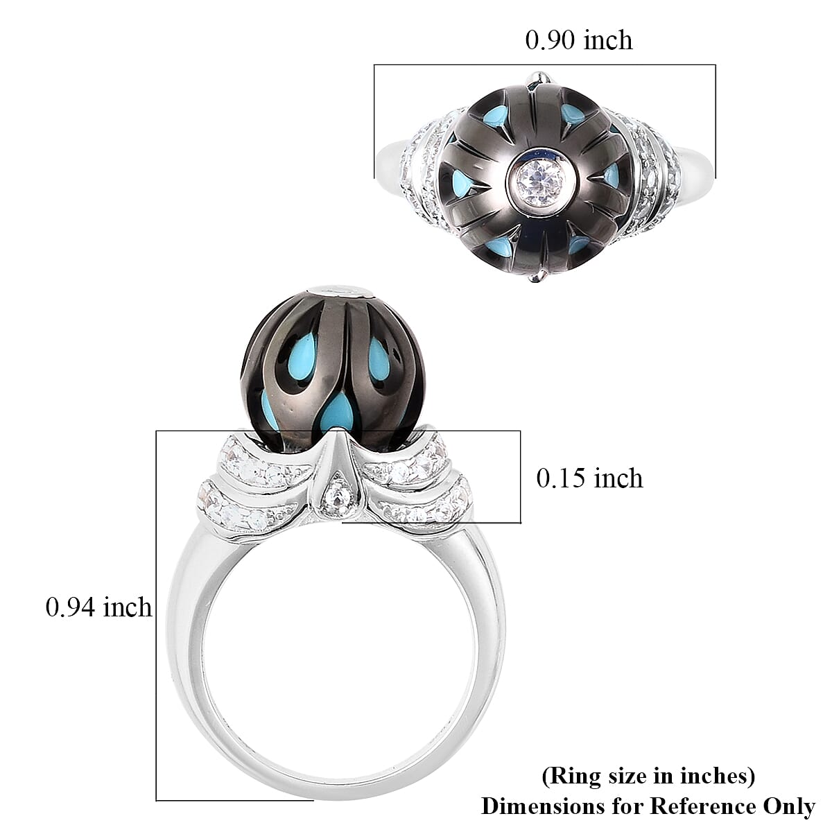 Galatea Pearl Collection Tahitian Pearl Carved and White Zircon Enameled Ring in Rhodium Over Sterling Silver (Size 6.0)
