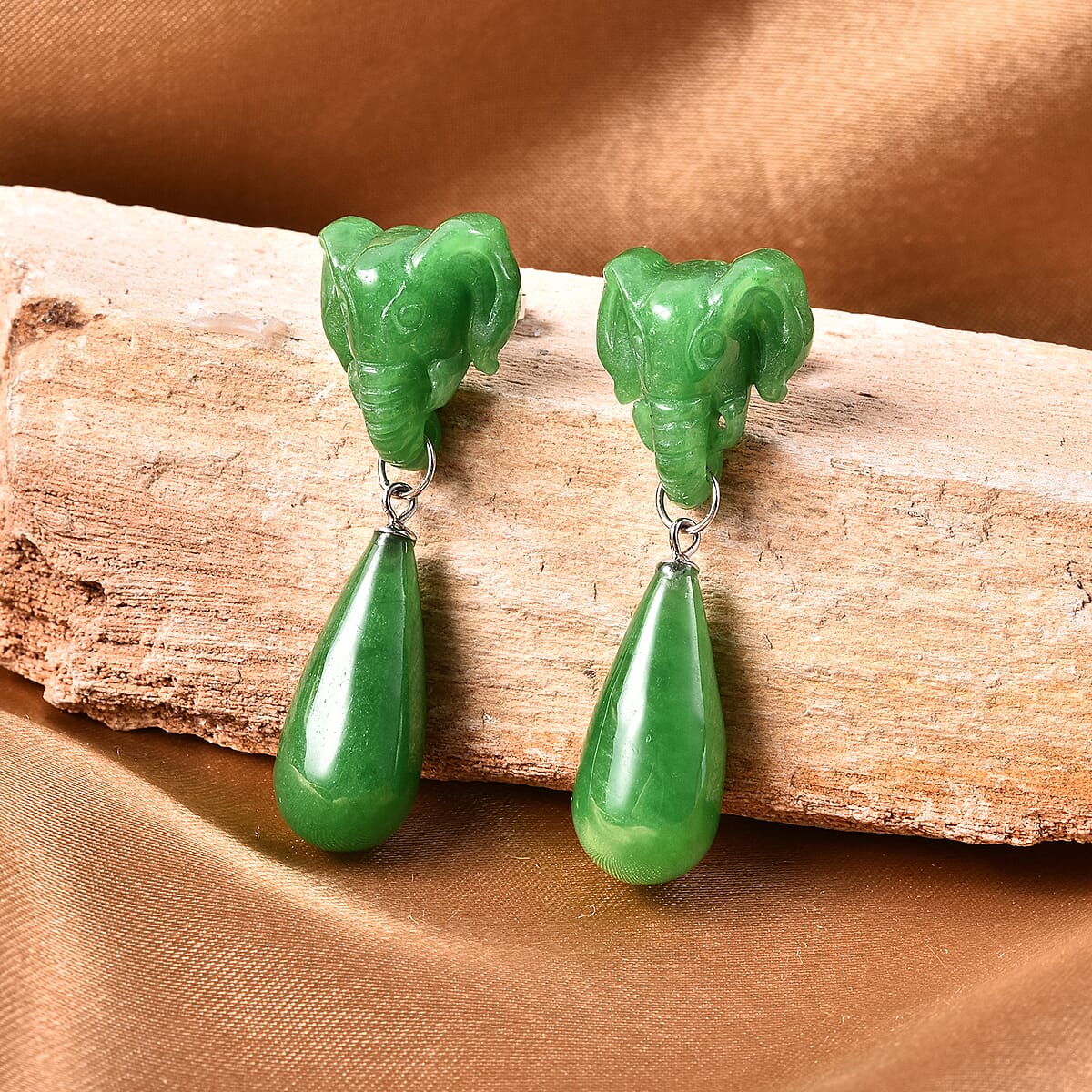 Green Jade Carved Elephant Drop Earrings in Sterling Silver 62.25 ctw image number 1