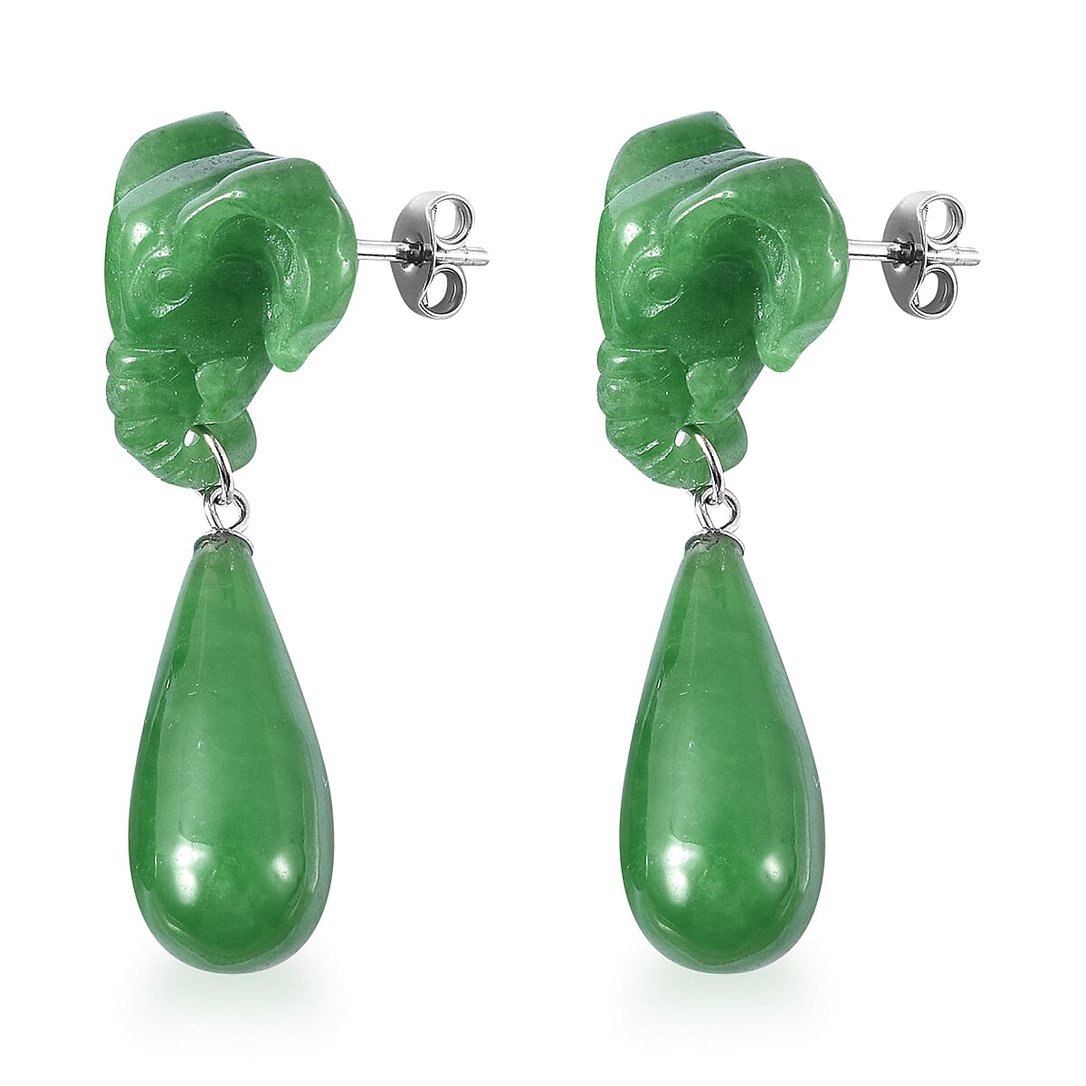 Green Jade Carved Elephant Drop Earrings in Sterling Silver 62.25 ctw image number 3