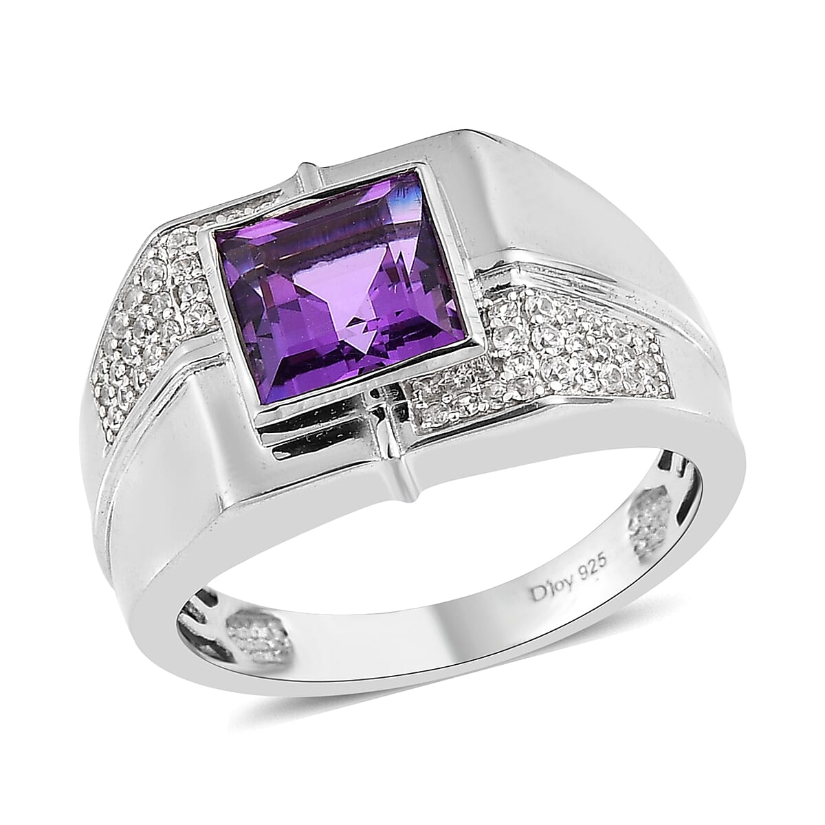 Uruguayan Amethyst and White Zircon Men's Ring in Platinum Over Sterling Silver (Size 11.0) 3.15 ctw