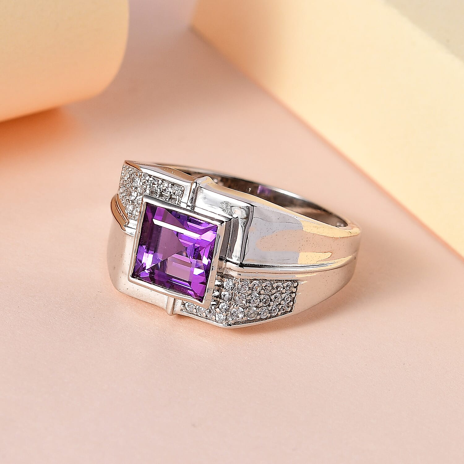 Uruguayan Amethyst and White Zircon Men's Ring in Platinum Over Sterling Silver (Size 11.0) 3.15 ctw