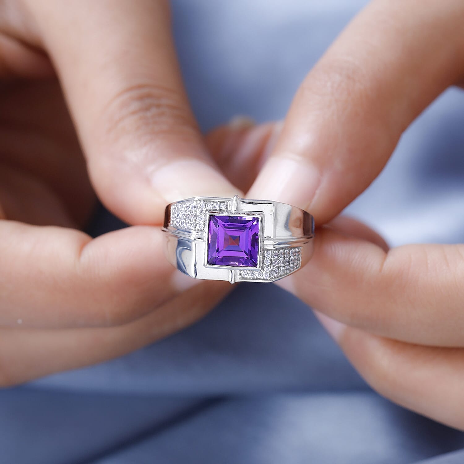 Uruguayan Amethyst and White Zircon Men's Ring in Platinum Over Sterling Silver (Size 11.0) 3.15 ctw