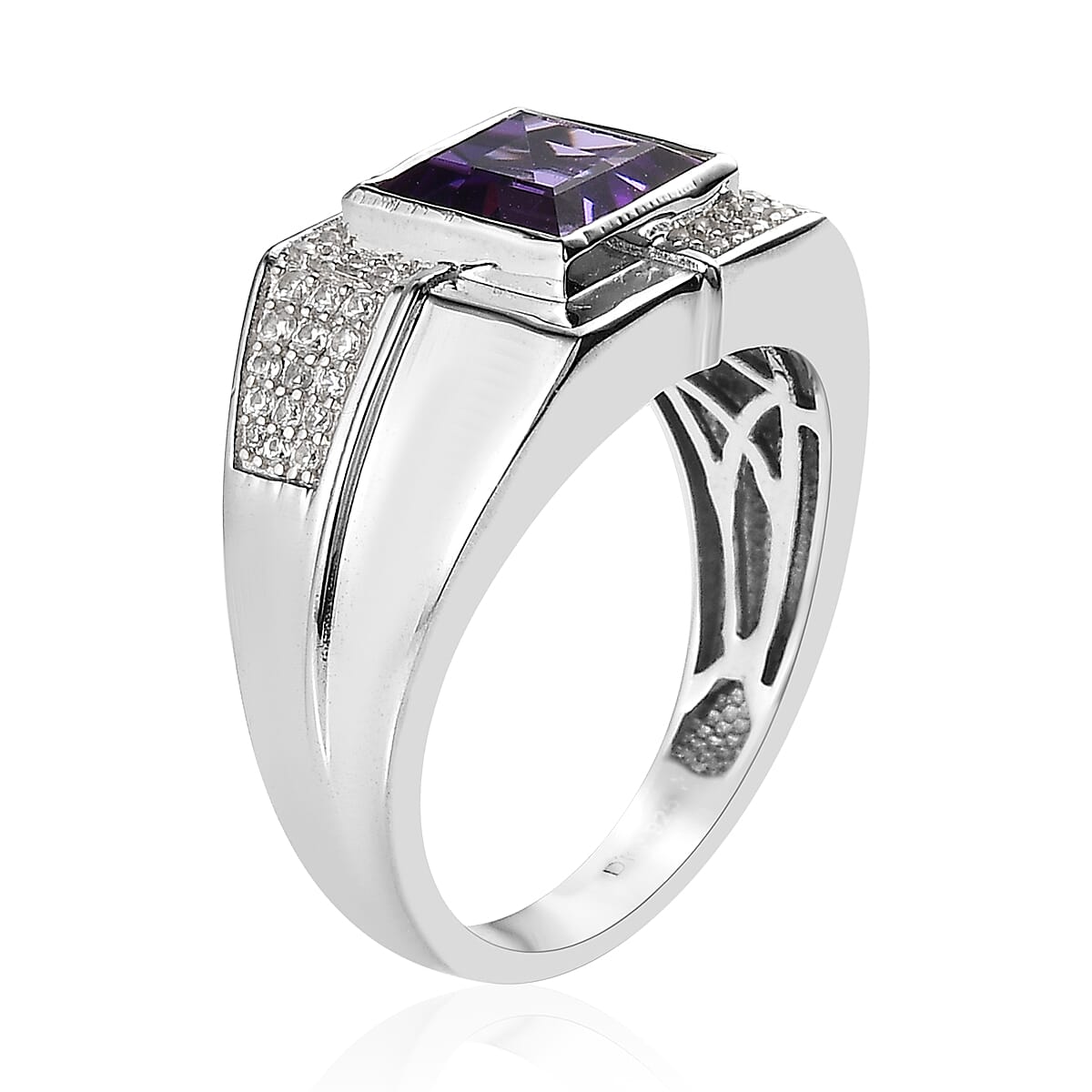 Uruguayan Amethyst and White Zircon Men's Ring in Platinum Over Sterling Silver (Size 11.0) 3.15 ctw