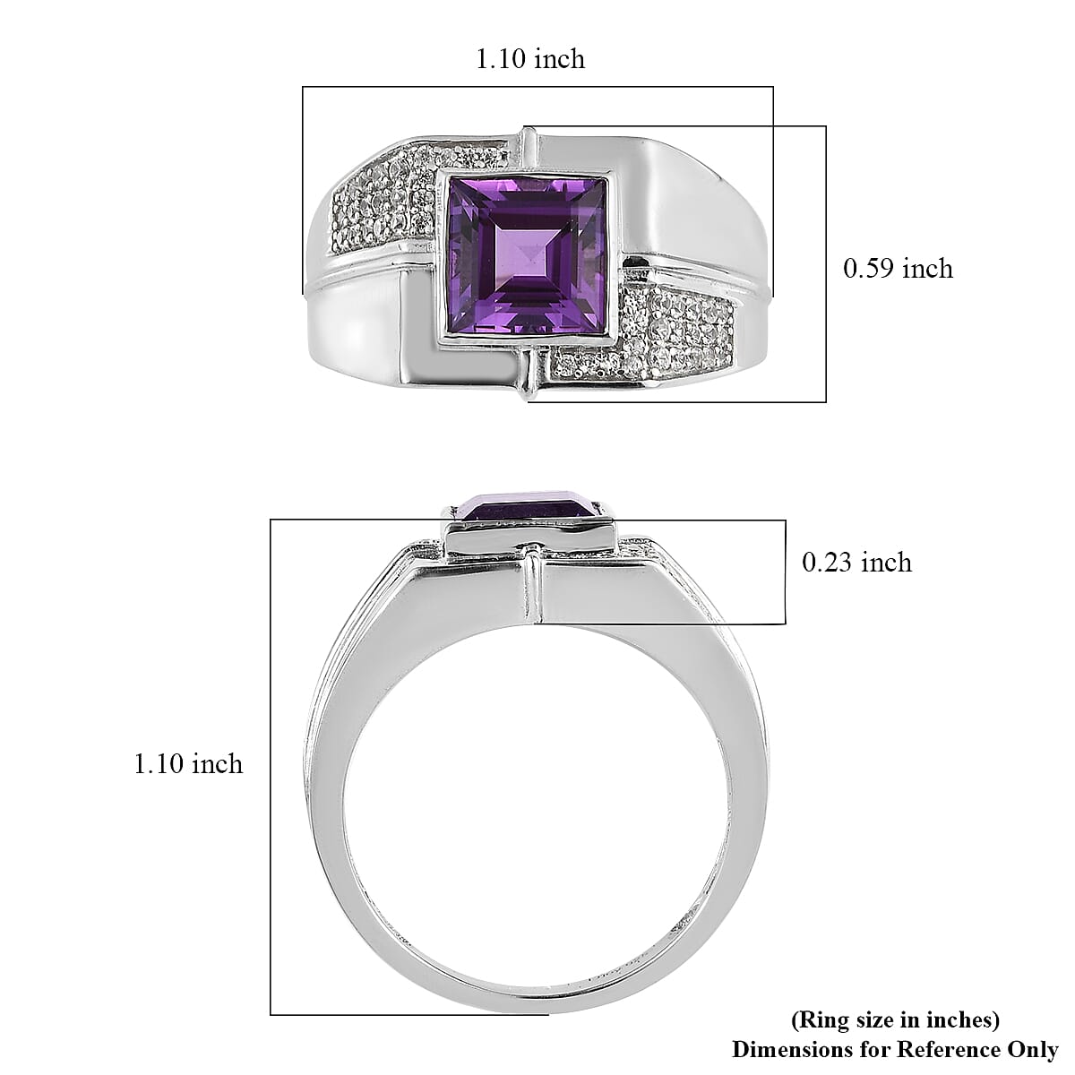 Uruguayan Amethyst and White Zircon Men's Ring in Platinum Over Sterling Silver (Size 11.0) 3.15 ctw