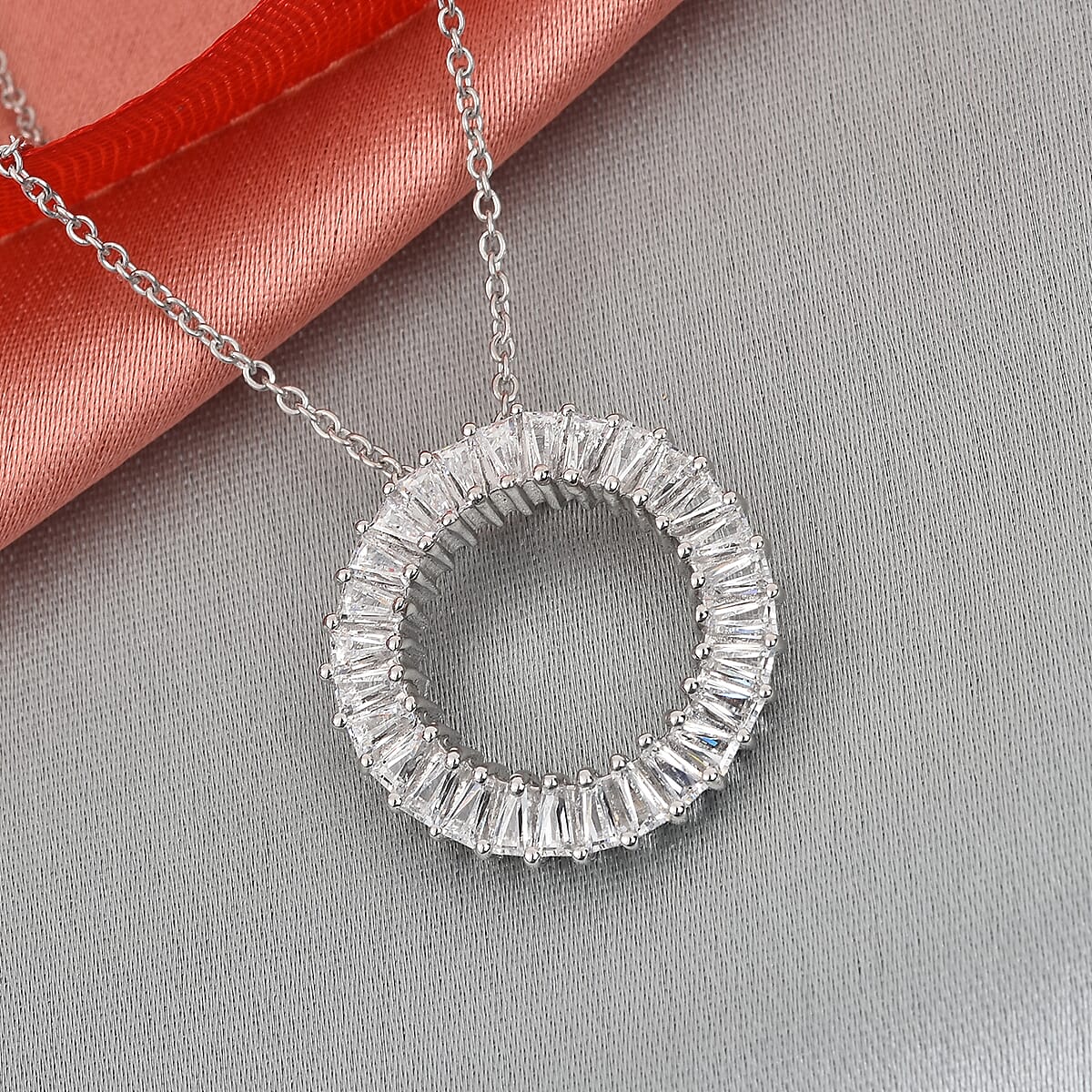 Lustro Stella Made with Finest CZ Circle Pendant Necklace 20 Inches in Platinum Over Sterling Silver 3.20 ctw image number 1