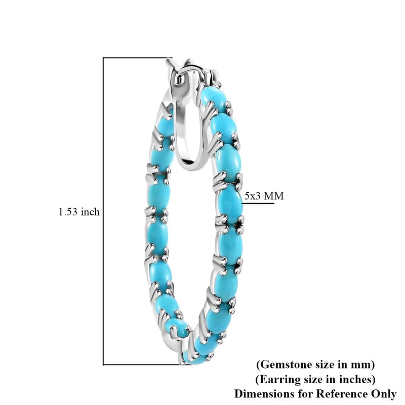 Sleeping Beauty Turquoise Hoop Earrings in Platinum Plated Sterling Silver, Turquoise Earrings, Silver Hoops For Women 6.60 ctw