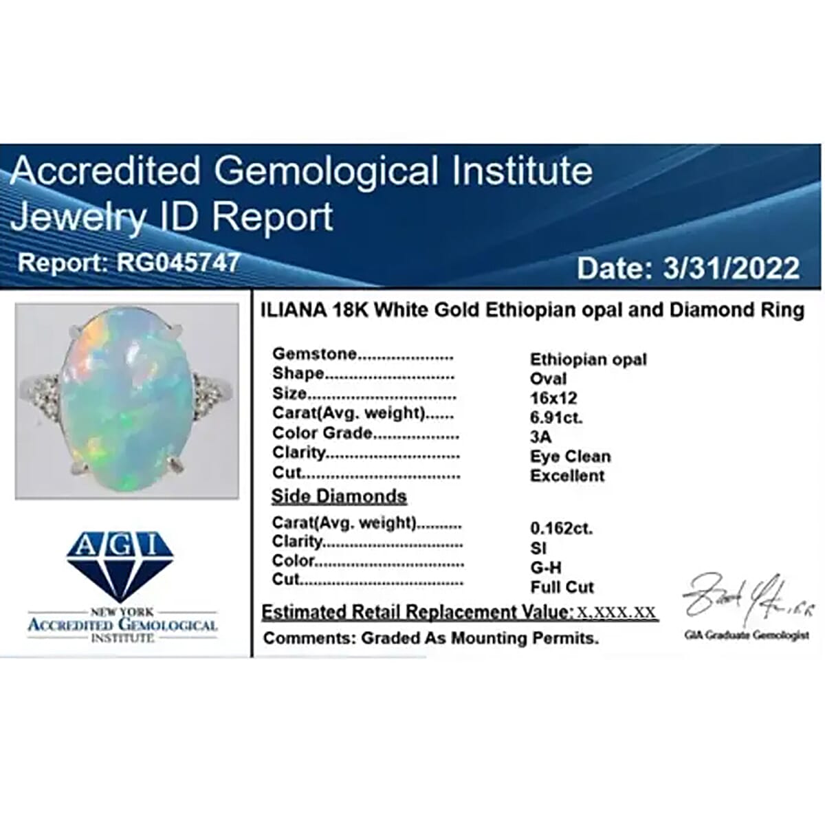 Certified & Appraised Iliana 18K White Gold AAA Ethiopian Welo Opal and G-H SI Diamond Ring (Size 9.0) 4.85 Grams 7.10 ctw image number 6