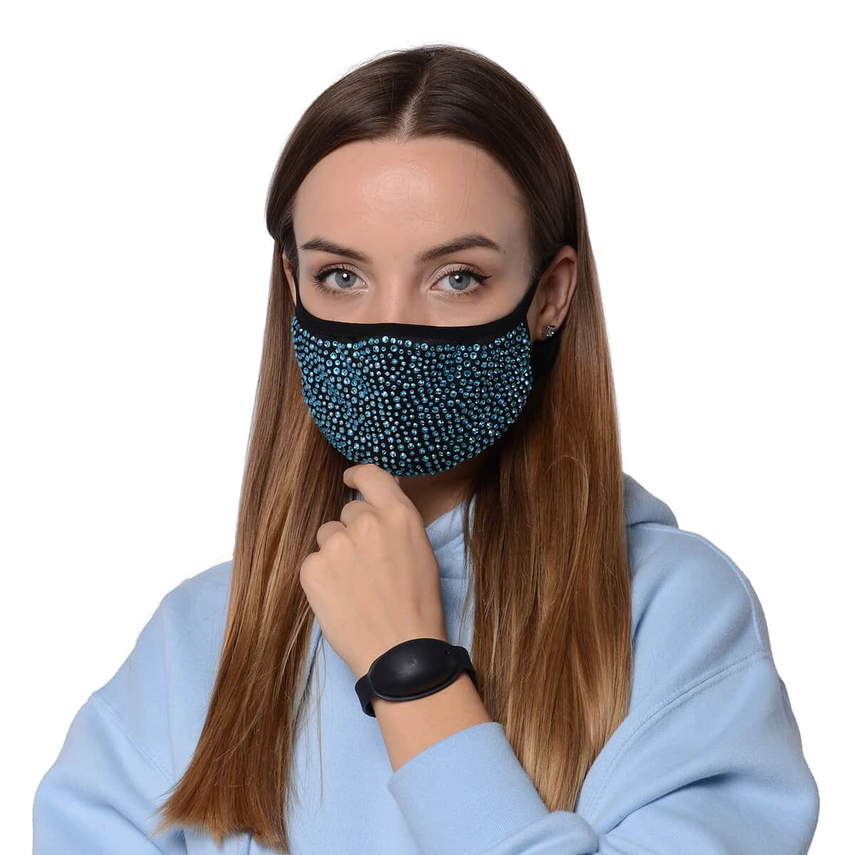 Black with High Brightness Turquoise Crystals Rhinestone 2 Ply Face Mask (Non-Returnable) image number 0