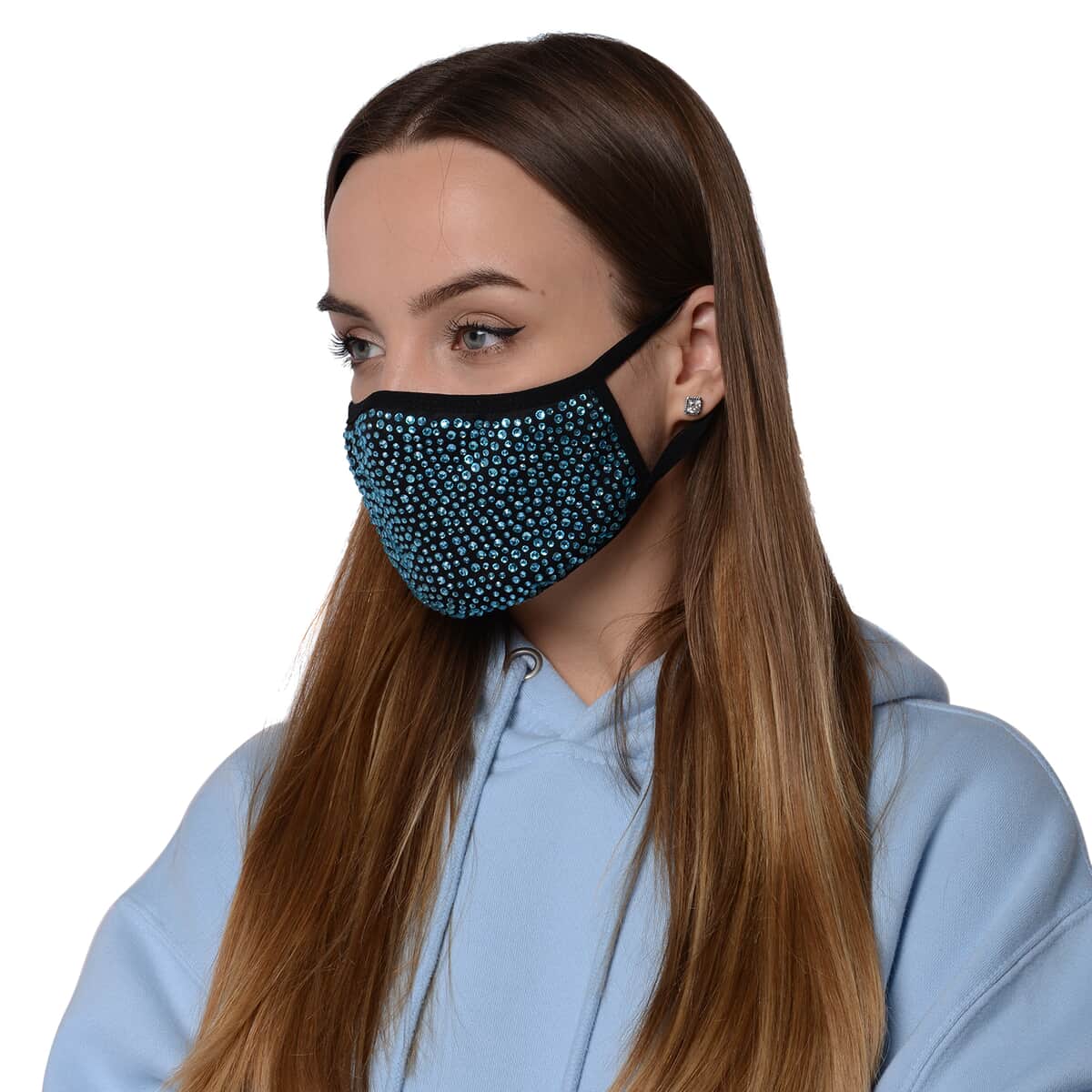 Black with High Brightness Turquoise Crystals Rhinestone 2 Ply Face Mask (Non-Returnable) image number 1