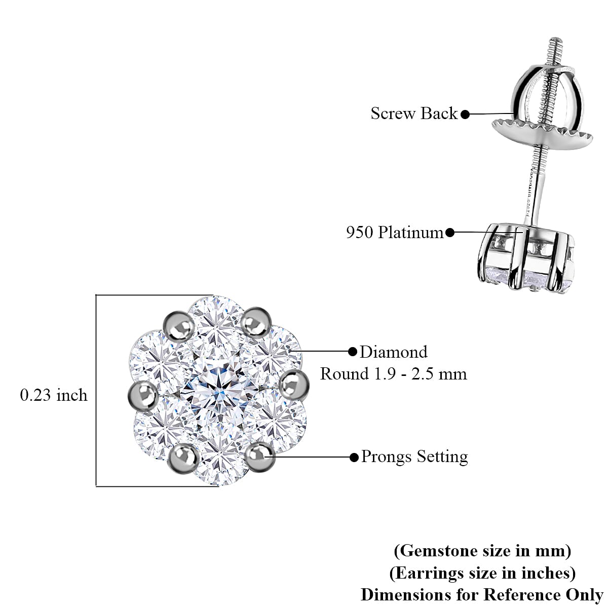  950 Platinum E-F VS Diamond Stud Earrings 2.40 Grams 1.00 ctw image number 6