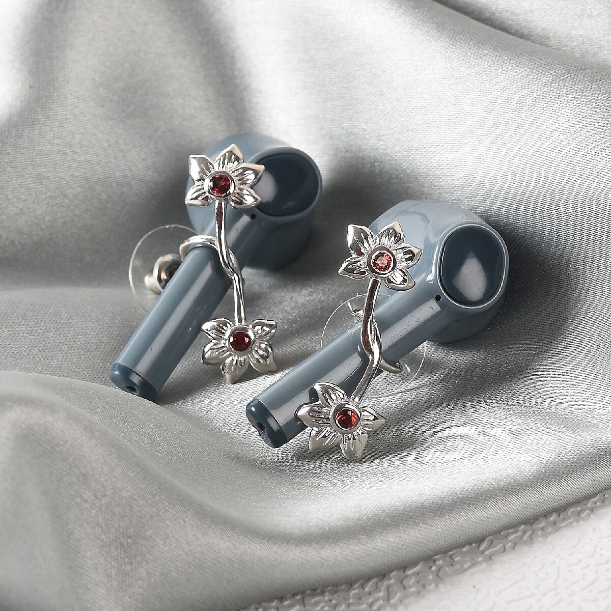 Mozambique Garnet Flower Airpods Earrings in Platinum Over Sterling Silver 0.35 ctw