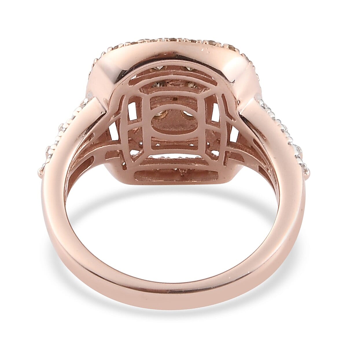 Natural Champagne and White Diamond Cocktail Cushion Shape Ring in Vermeil Rose Gold Over Sterling Silver (Size 10.0) 1.00 ctw