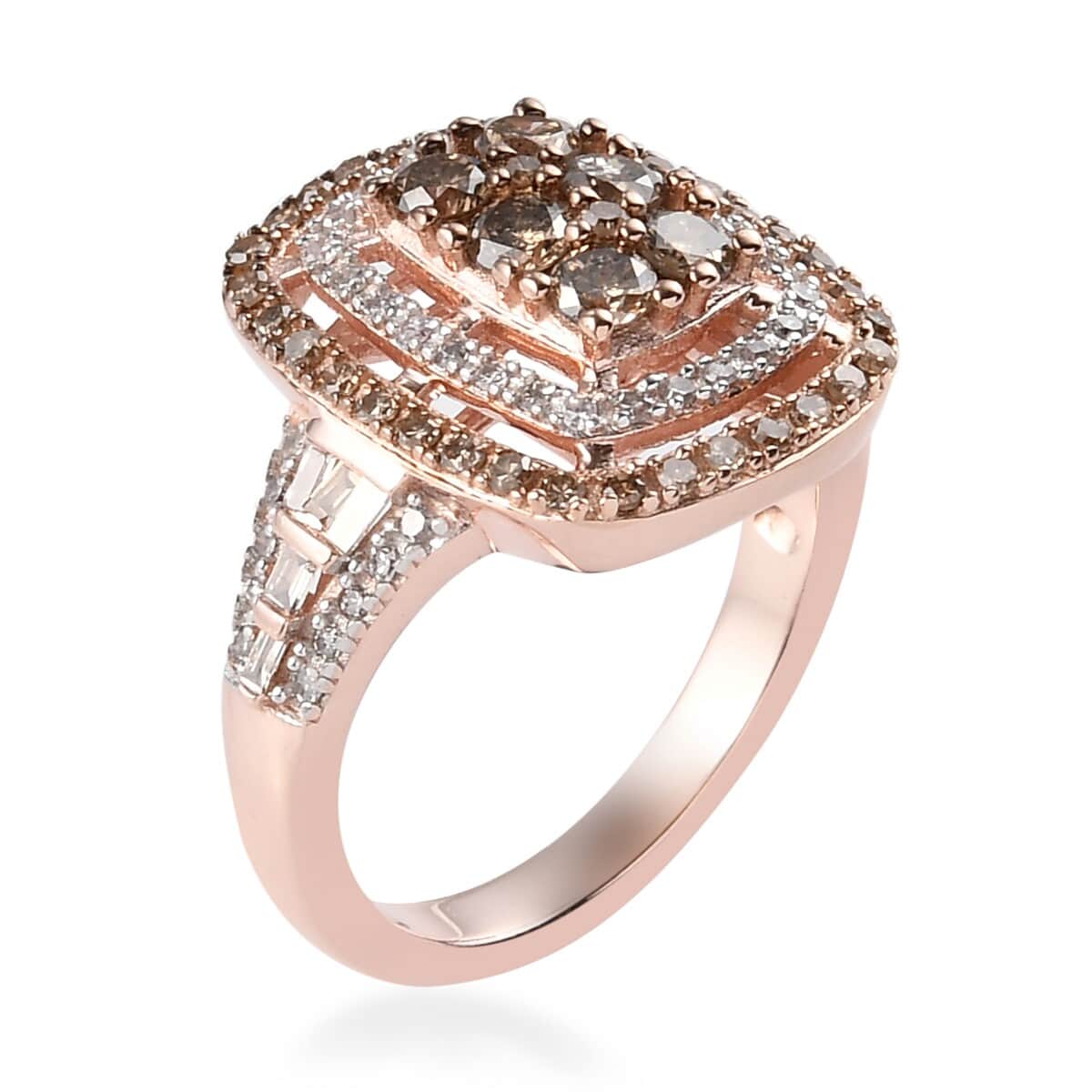 Natural Champagne and White Diamond Cocktail Cushion Shape Ring in Vermeil Rose Gold Over Sterling Silver (Size 5.0) 1.00 ctw image number 3