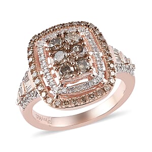 Natural Champagne and White Diamond Cocktail Cushion Shape Ring in Vermeil Rose Gold Over Sterling Silver (Size 6.0) 1.00 ctw