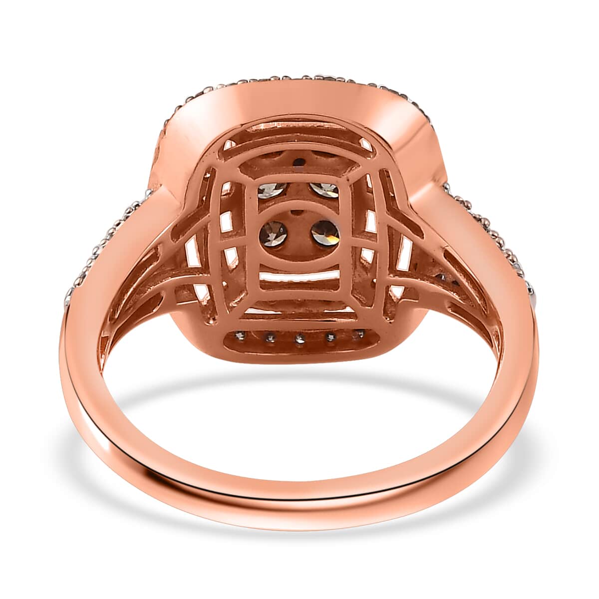 Natural Champagne and White Diamond Cocktail Cushion Shape Ring in Vermeil Rose Gold Over Sterling Silver (Size 7.0) 1.00 ctw image number 4