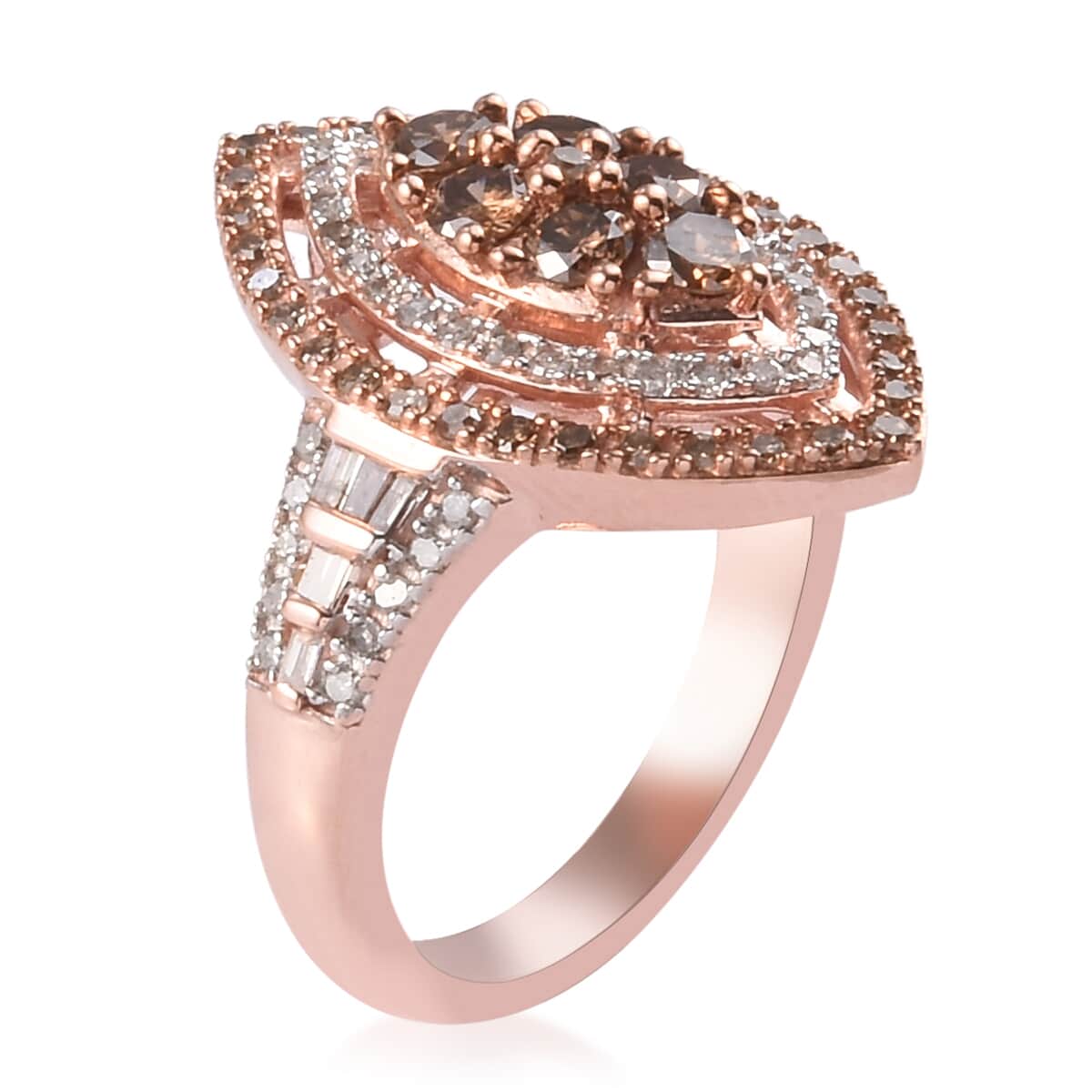 Natural Champagne and White Diamond Marquee Shape Ring in Vermeil Rose Gold Over Sterling Silver (Size 5.0) 1.00 ctw image number 3