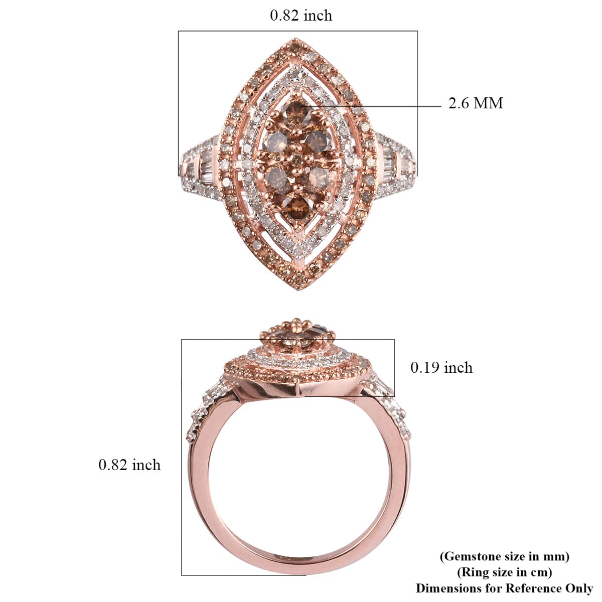 Natural Champagne and White Diamond Marquee Shape Ring in Vermeil Rose Gold Over Sterling Silver (Size 5.0) 1.00 ctw image number 5