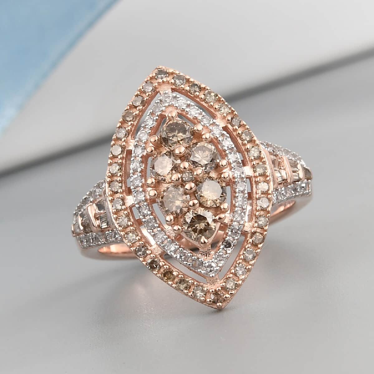 Natural Champagne and White Diamond Marquee Shape Ring in Vermeil Rose Gold Over Sterling Silver (Size 6.0) 1.00 ctw image number 1