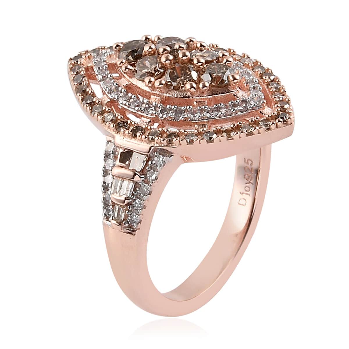 Natural Champagne and White Diamond Marquee Shape Ring in Vermeil Rose Gold Over Sterling Silver (Size 6.0) 1.00 ctw image number 3