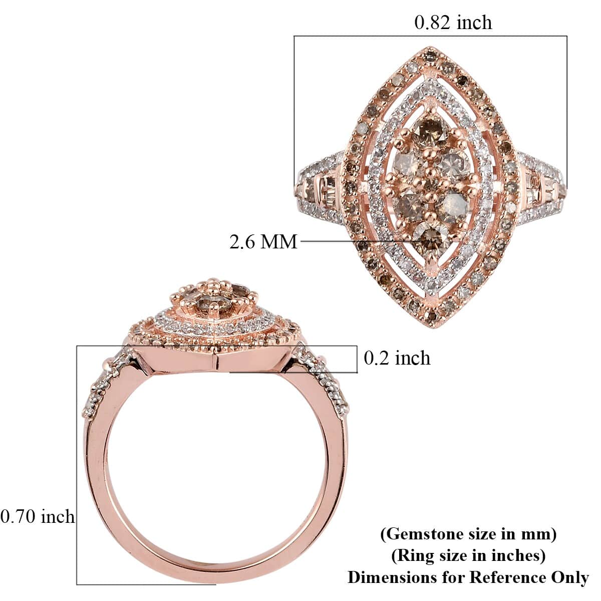 Natural Champagne and White Diamond Marquee Shape Ring in Vermeil Rose Gold Over Sterling Silver (Size 6.0) 1.00 ctw image number 5