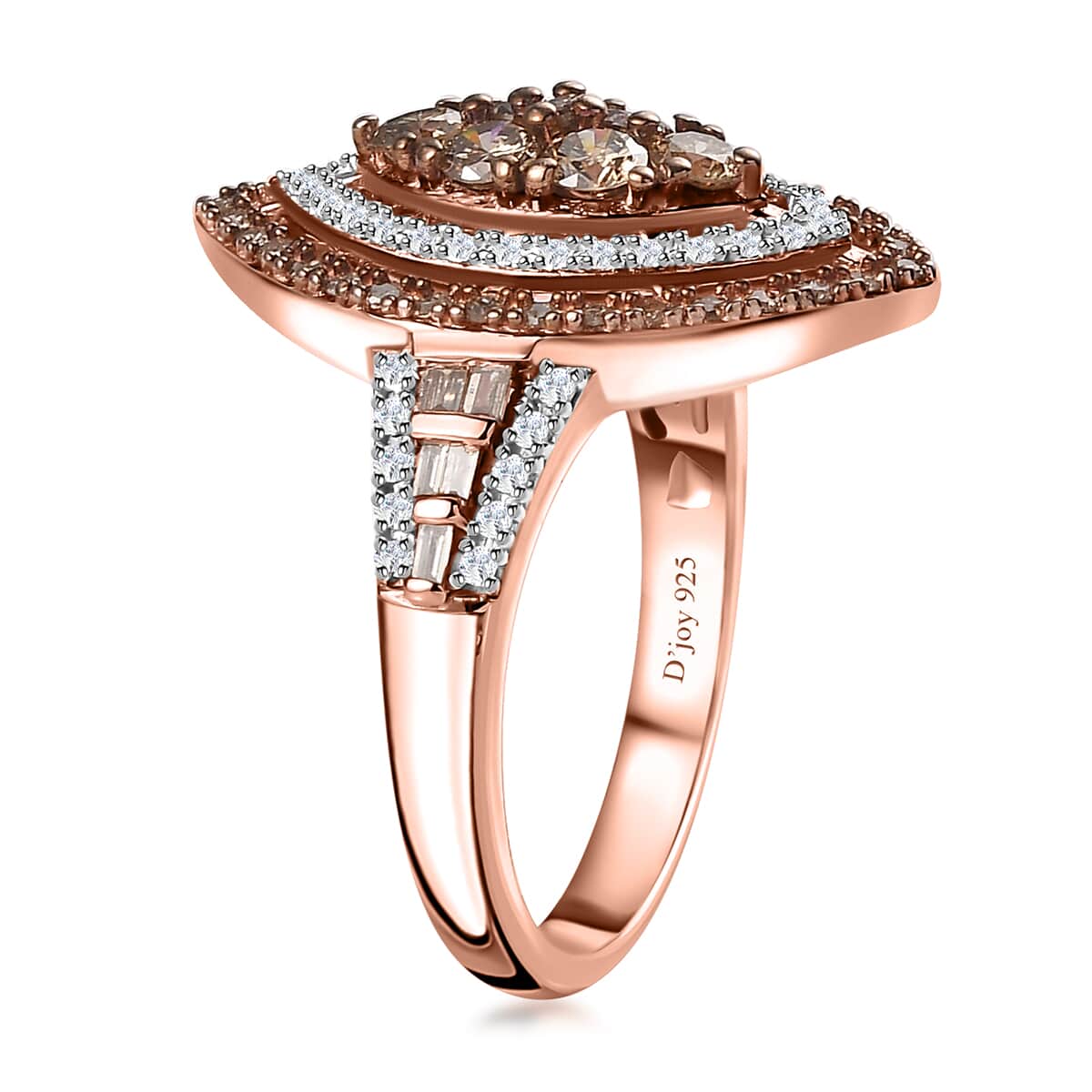 Natural Champagne and White Diamond Marquee Shape Ring in Vermeil Rose Gold Over Sterling Silver (Size 7.0) 1.00 ctw image number 3