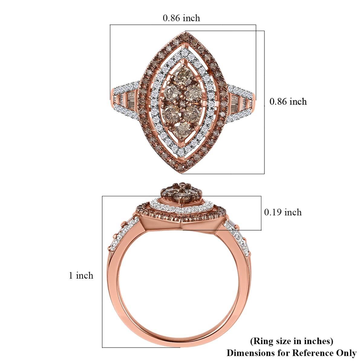 Natural Champagne and White Diamond Marquee Shape Ring in Vermeil Rose Gold Over Sterling Silver (Size 7.0) 1.00 ctw image number 5