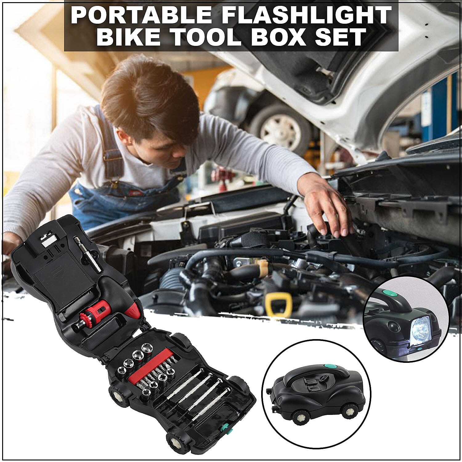 21 Pieces Multi-Functional, Portable Car Shaped Complete Repair Tool Kit Set with Battery Operated Flashlight For Home Maintenance, Auto Repair