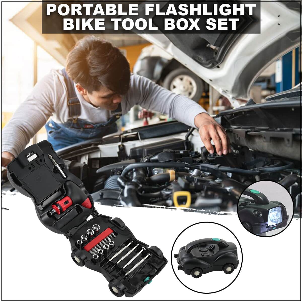 Portable Flashlight Car Tool Box Set (1 Handle, 1 Prolong Bar, 4 Precision Screwdrivers, 8 Sockets, 10 Bits) image number 1