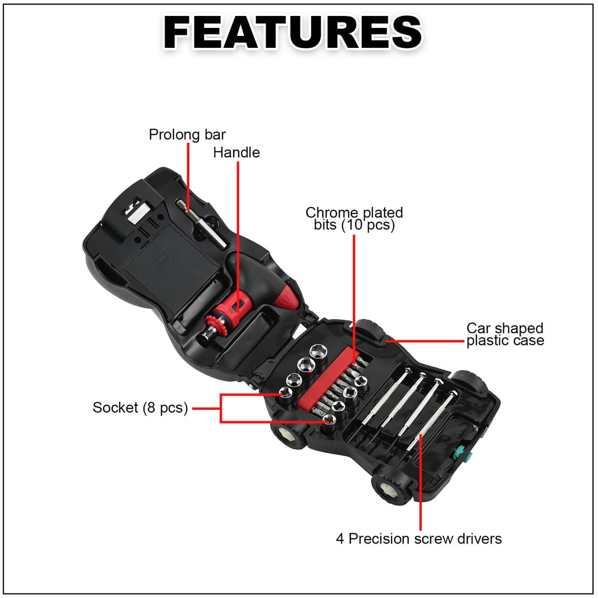 Portable Flashlight Car Tool Box Set (1 Handle, 1 Prolong Bar, 4 Precision Screwdrivers, 8 Sockets, 10 Bits) image number 2