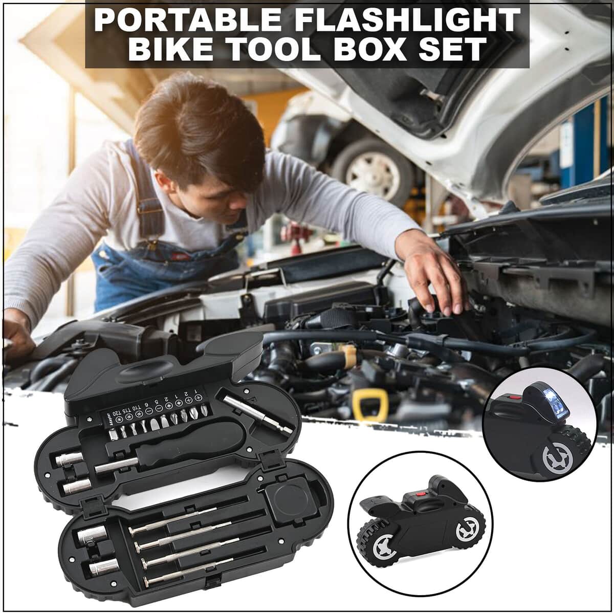 21 Pieces Multi-Functional, Portable, Bike Shaped Complete Repair Tool Kit Set with Battery Operated Flashlight For Home Maintenance, Auto Repair image number 1