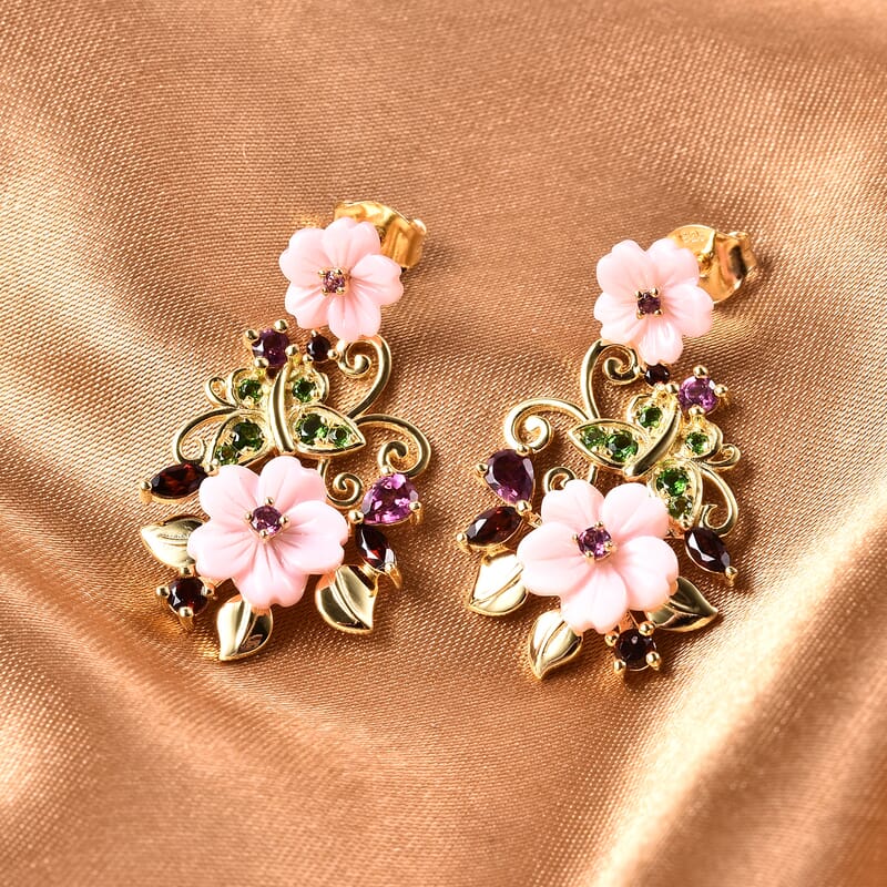 JARDIN COLLECTION Pink Mother of Pearl and Multi Gemstone Flower Drop Earrings in Vermeil Yellow Gold Over Sterling Silver 1.50 ctw