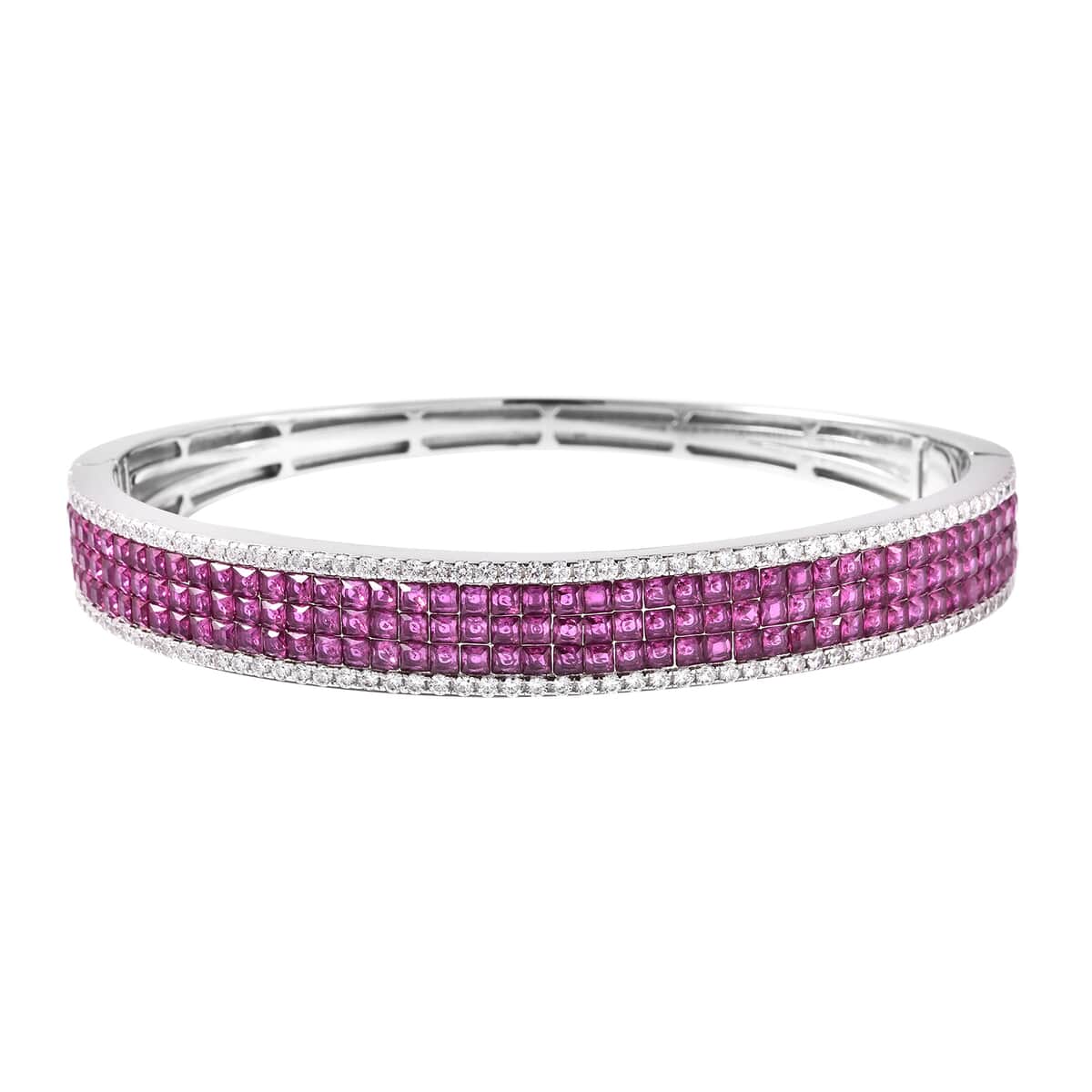 Lustro Stella Finest Ruby Color and White CZ Bangle Bracelet in Platinum Over Sterling Silver (7.25 in) 10.60 Ctw image number 0