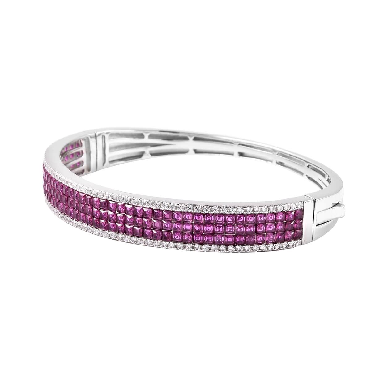Lustro Stella Finest Ruby Color and White CZ Bangle Bracelet in Platinum Over Sterling Silver (7.25 in) 10.60 Ctw image number 2