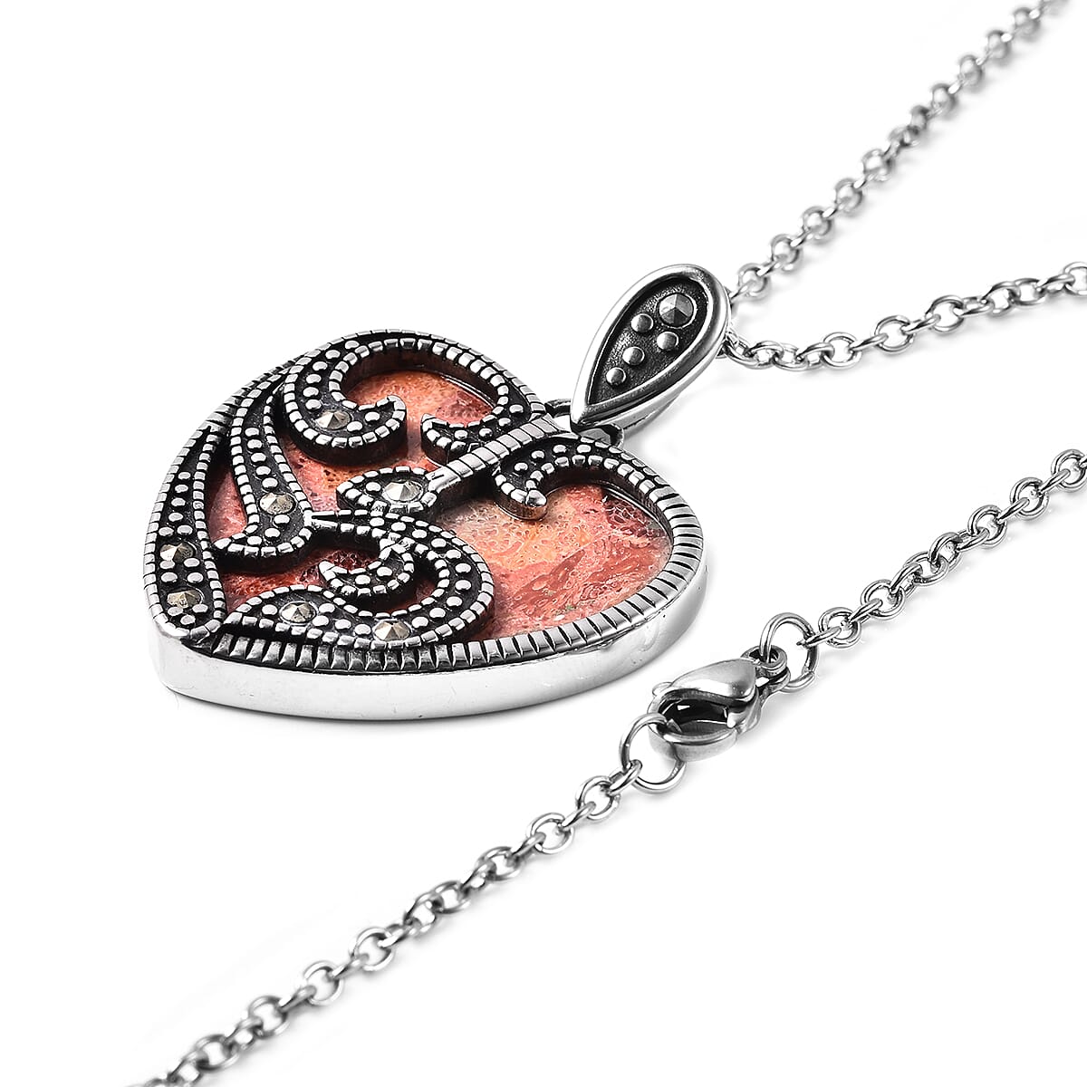 Coral and Swiss Marcasite Heart Pendant Necklace 20 Inches in Stainless Steel 25.25 ctw image number 2