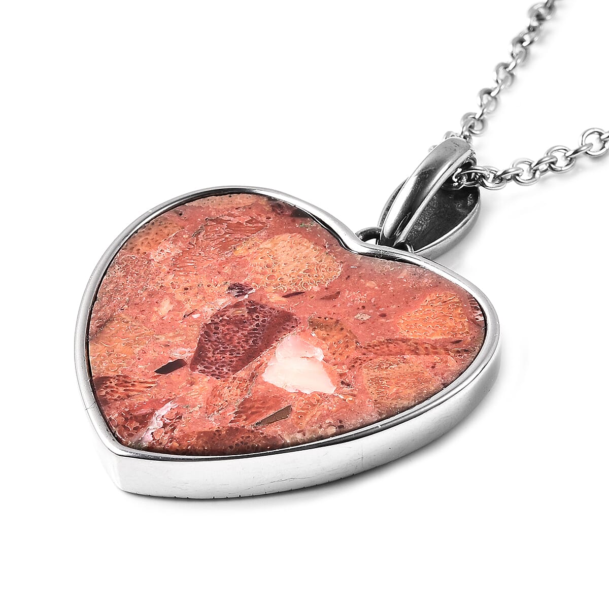 Coral and Swiss Marcasite Heart Pendant Necklace 20 Inches in Stainless Steel 25.25 ctw image number 3