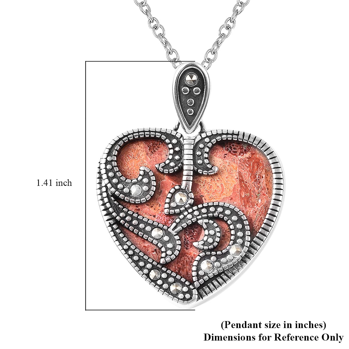 Coral and Swiss Marcasite Heart Pendant Necklace 20 Inches in Stainless Steel 25.25 ctw image number 4