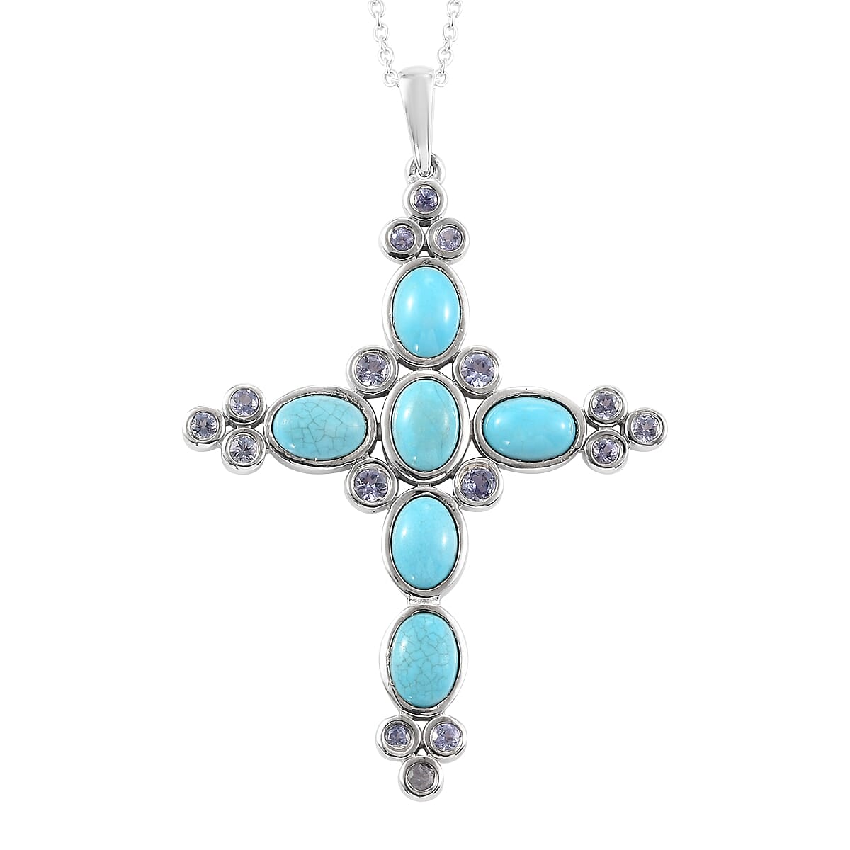Natural Arizona Sleeping Beauty Turquoise, Tanzanite Cross Pendant Necklace 20 Inches in Platinum Over Sterling Silver 8 Grams 5.00 ctw