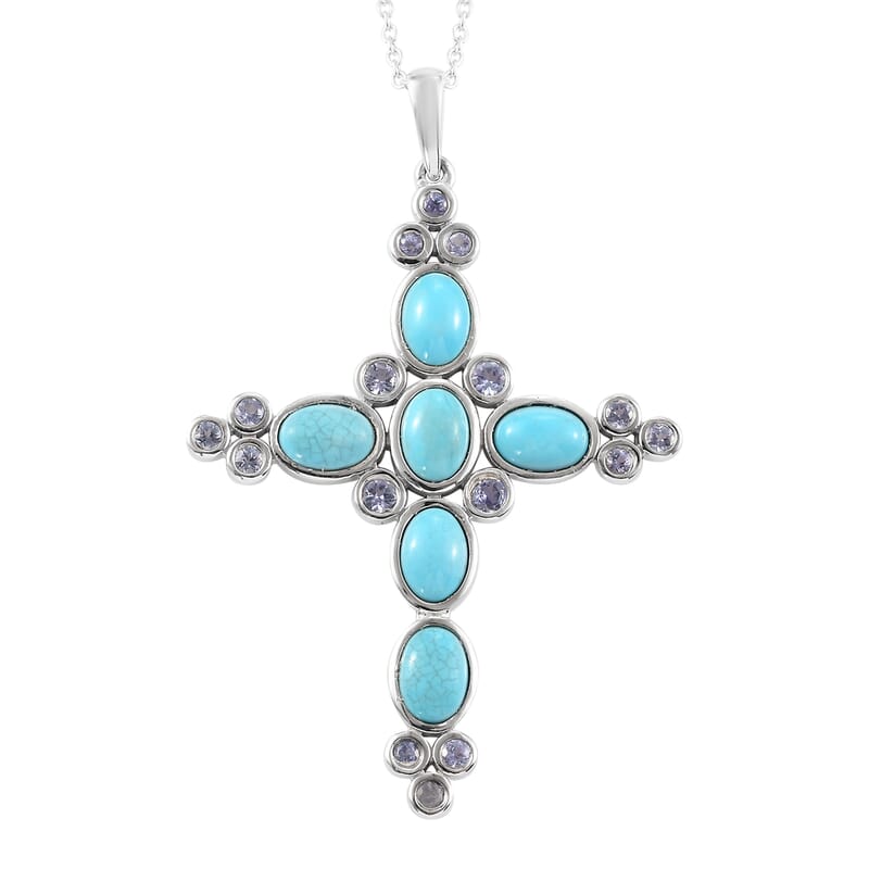Natural Arizona Sleeping Beauty Turquoise, Tanzanite Cross Pendant Necklace 20 Inches in Platinum Over Sterling Silver 8 Grams 5.00 ctw