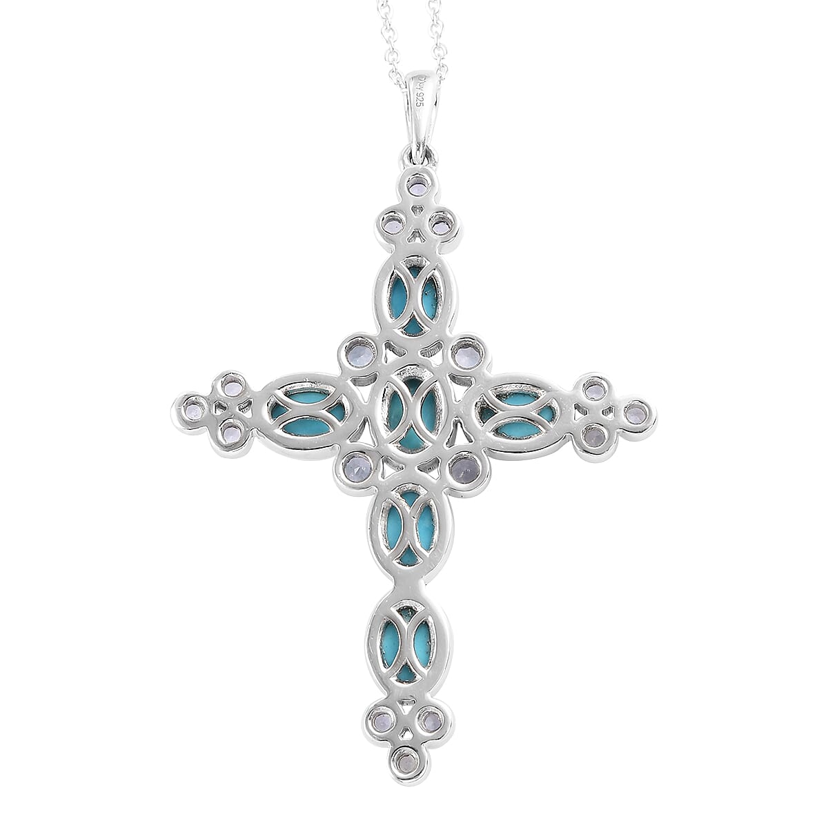 Natural Arizona Sleeping Beauty Turquoise, Tanzanite Cross Pendant Necklace 20 Inches in Platinum Over Sterling Silver 8 Grams 5.00 ctw