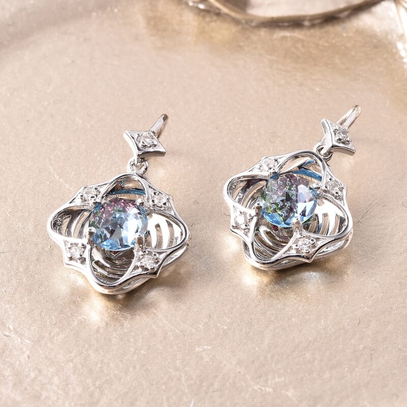 Galatea DavinChi Cut Collection Blue Topaz and Multi Gemstone 2.70 ctw Earrings in Rhodium Over Sterling Silver