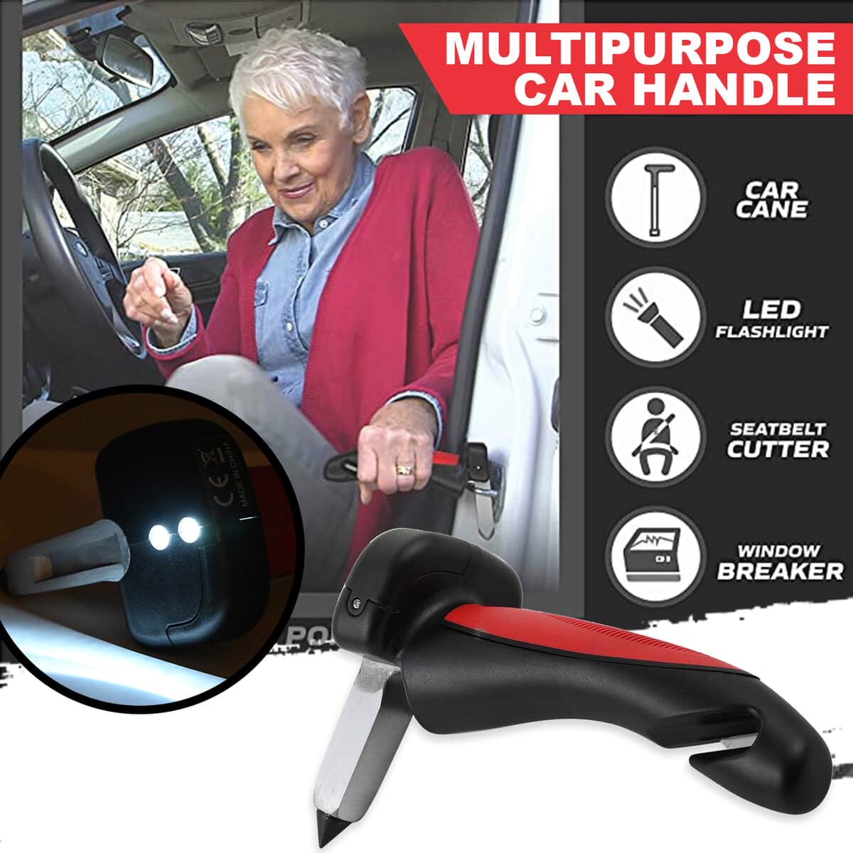 Black and Red Battery-Operated, Multi-purpose Non-Slip Grip Automotive Car Handle for Mobility Aid and Cane Support With Seat Belt Cutter, Window Breaker and LED Flashlight (2xCR2032 Included) image number 1