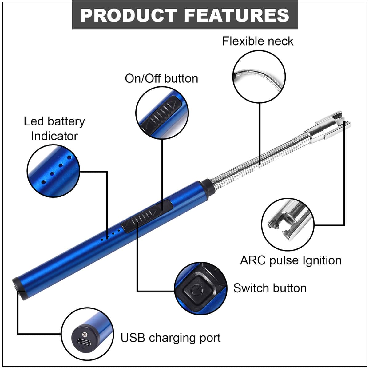 Electric Rechargeable Arc Candle Lighter Windproof Flameless with LED Battery Display and Longer 360° Rotation Flexible Neck - Blue image number 2