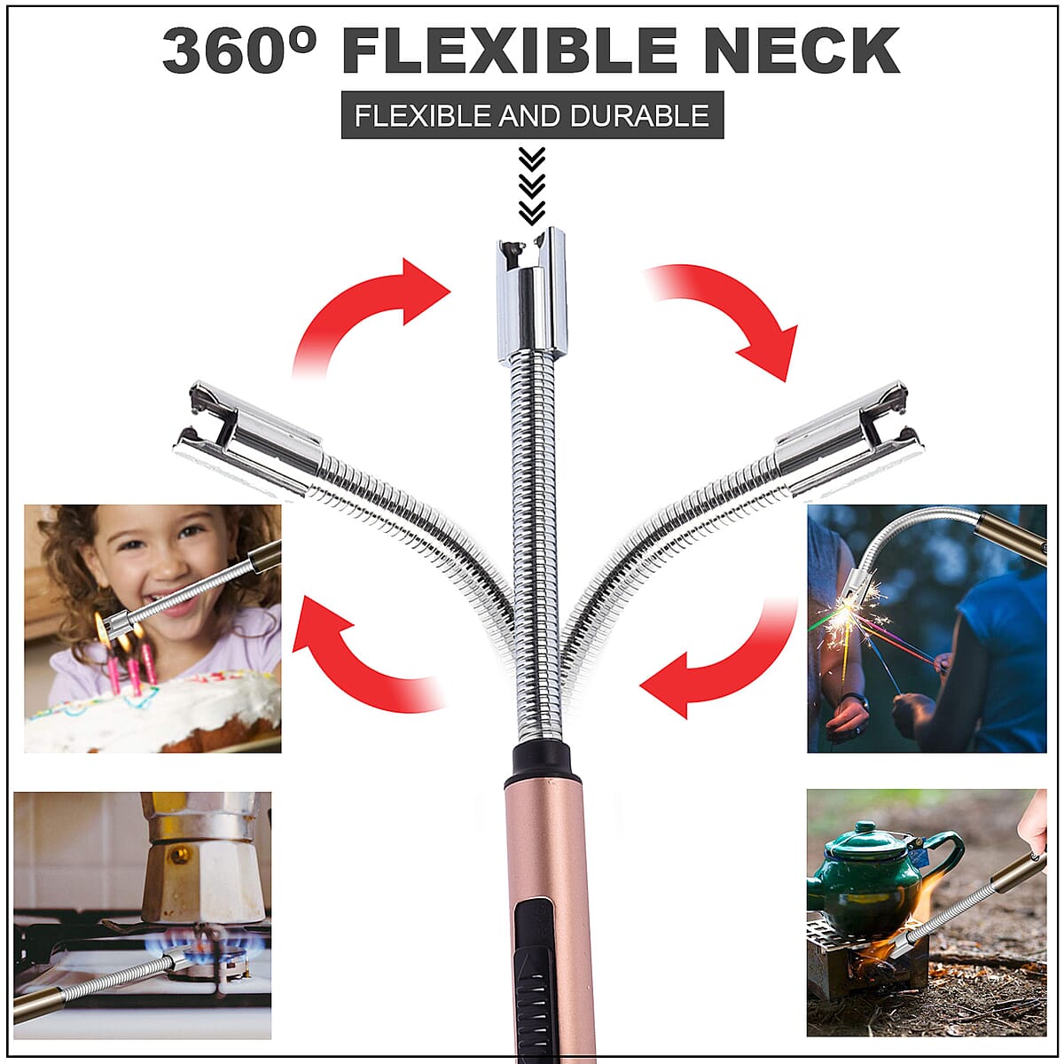 Electric Rechargeable Arc Candle Lighter Windproof Flameless with LED Battery Display and Longer 360 Degree Rotation Flexible Neck - Rose Gold image number 1