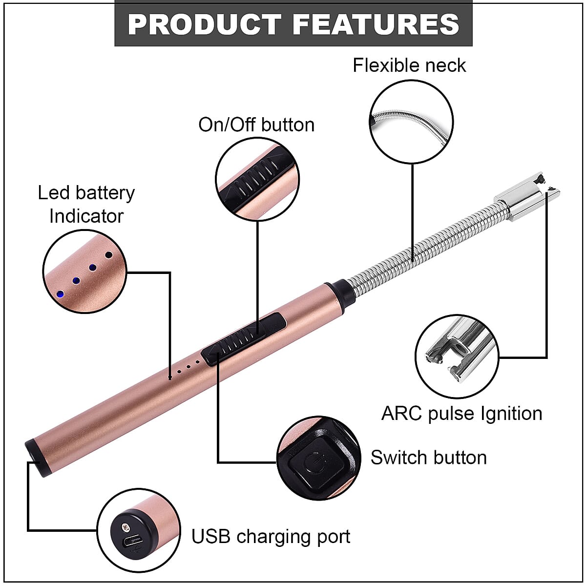 Electric Rechargeable Arc Candle Lighter Windproof Flameless with LED Battery Display and Longer 360 Degree Rotation Flexible Neck - Rose Gold image number 2