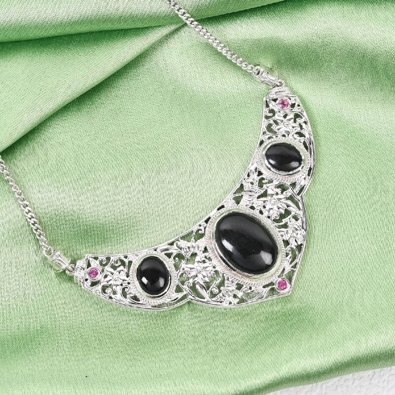 California Black Jade and Orissa Rhodolite Garnet Necklace 18 Inches in Platinum Over Sterling Silver 20.25 ctw