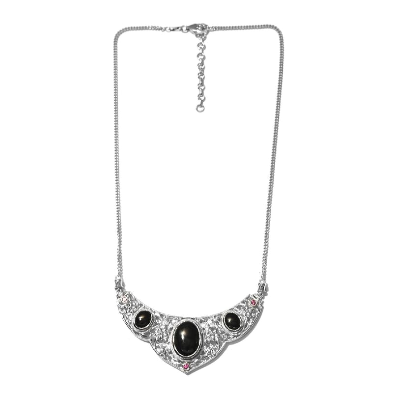 California Black Jade and Orissa Rhodolite Garnet Necklace 18 Inches in Platinum Over Sterling Silver 20.25 ctw